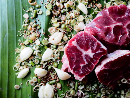 This is the ingredient of steam beef shank in northern Thai style,  above banana leaf