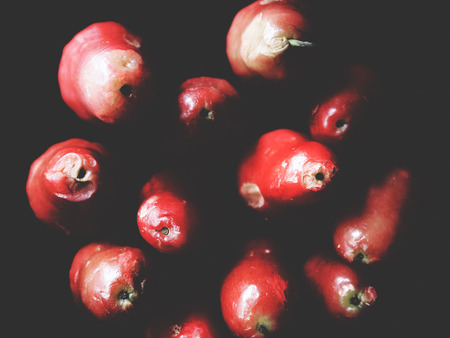 This is red rose apple in black background, soft tone,  light and shadowの写真素材
