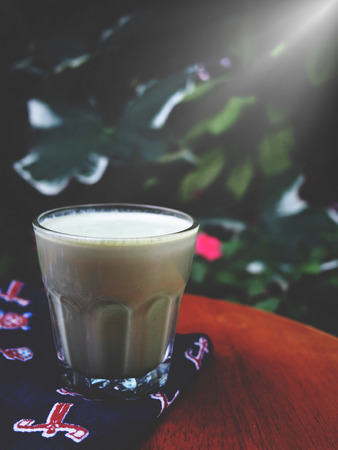 The picture of a cup of matcha latte on green tree background, while sunlight at  the morningの写真素材