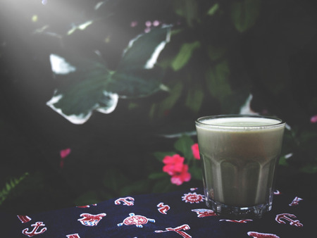 The picture of a cup of matcha latte on green tree background, while sunlight at  the morningの写真素材