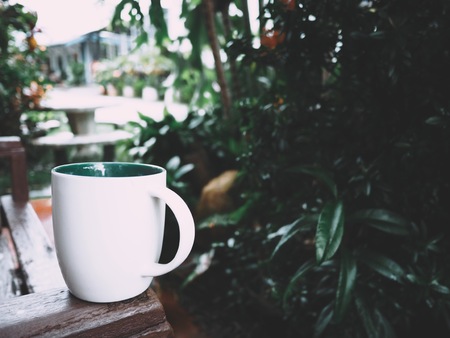A white cup of coffee above old bench at outdoor near green tree. selective focusの写真素材