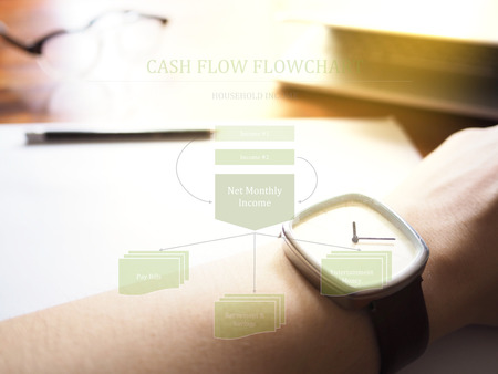 Household income cash flow flowchart on workspace background. Saving conceptの写真素材