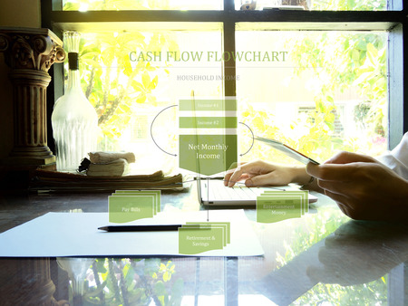 Household income cash flow flowchart on workspace background. Saving conceptの写真素材