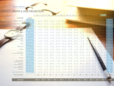 Twelve Month Profit & loss projection on workplace background. Profit $ loss conceptの写真素材