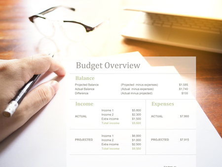 Budget overview chart on workspace background. Financial management conceptの写真素材