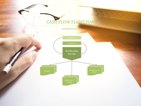 Household income cash flow flowchart on workspace background. Saving conceptの写真素材