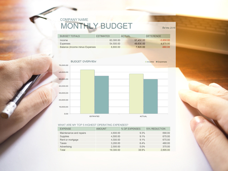 The picture of monthly budget graph on workspace background. Financial management conceptの写真素材