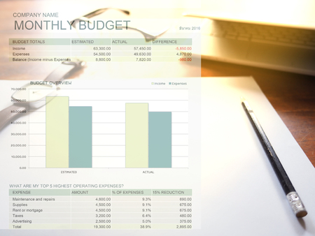 The picture of monthly budget graph on workspace background. Financial management conceptの写真素材