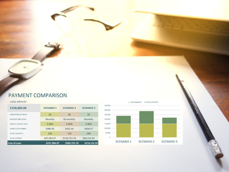 The picture of parment comparison graph on workspace background. Financial management conceptの写真素材