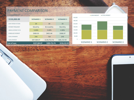 The picture of parment comparison graph on workspace background. Financial management conceptの写真素材