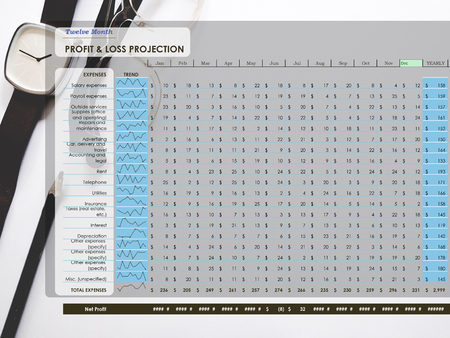 Twelve Month Profit & loss projection on workplace background. Profit  loss conceptの写真素材