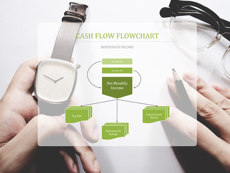 Household income cash flow flowchart on workspace background. Saving conceptの写真素材