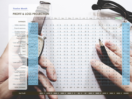 Twelve Month Profit & loss projection on workplace background. Profit  loss conceptの写真素材