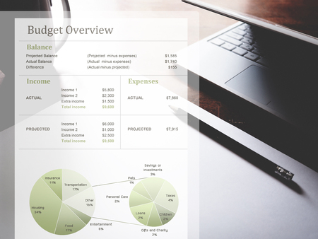 Budget overview chart on workspace background. Financial management conceptの写真素材