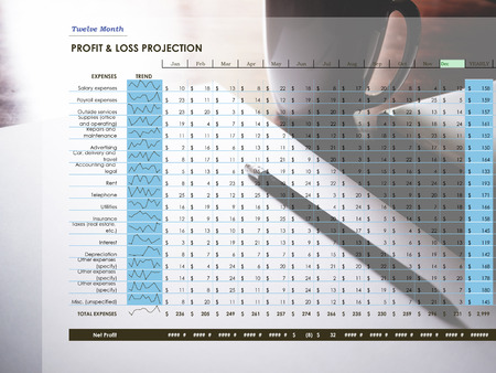 Twelve Month Profit & loss projection on workplace background. Profit  loss conceptの写真素材