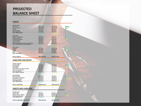 The picture of projected balance sheet on workspace background. financial management conceptの写真素材