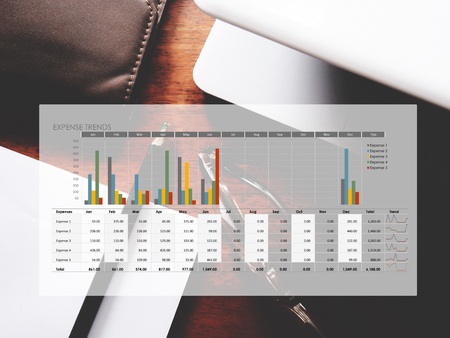 The picture of expense trends graph on workspace background. Financial management conceptの写真素材