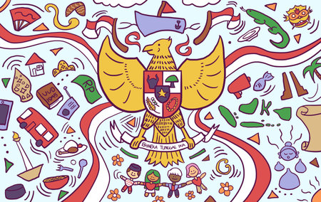 Giant cartoon colorful garuda pancasila surrounded by indonesian people, land, and culture. Flat digital illustrationの写真素材