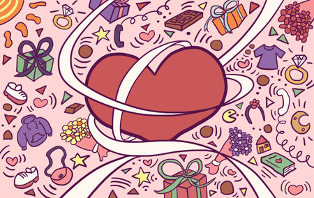Giant colorful cartoon heart surrounded by valentine objects doodle. Flat digital hand drawn illustrationの写真素材