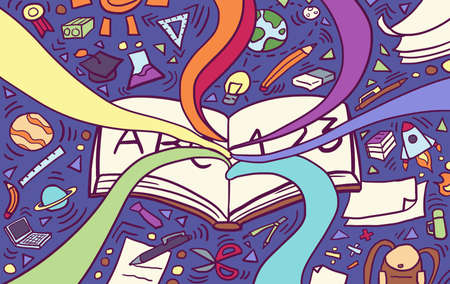 Giant cartoon colorful book surrounded by doodle object belong to school and student. Flat digital illustrationの写真素材