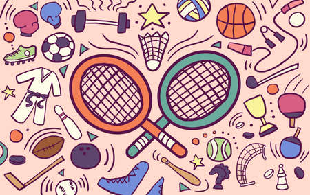 Giant cartoony colorful tennis racket surrounded by little sports equipment doodle. Flat digital...