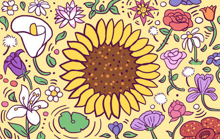 Giant cartoony colorful sunflower doodle surrounded by little flowers and floral patern of different kind. Flat digital illustrationの写真素材
