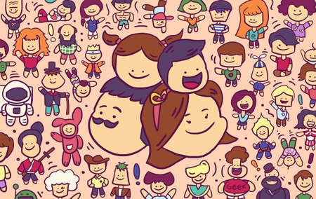 Giant family cartoon doodle surrounded by little people with different gender, job, character, and personality. Flat digital illustrationの写真素材
