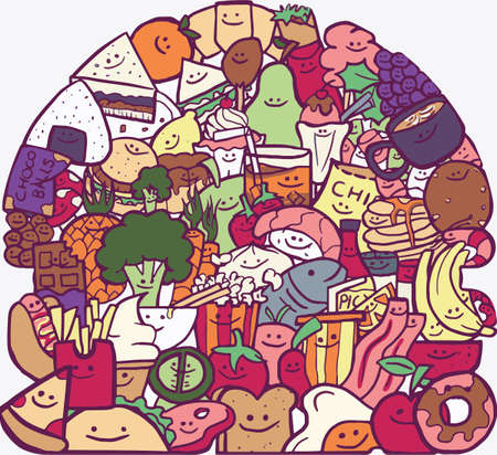 Colorful doodles of food with expression forming a giant cartoon burger doodle. Flat digital vector illustrationのイラスト素材