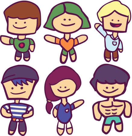 Set of little character standing still with different hairstyle and posing while giving gesture. Colorful flat vector illustration isolated on white backgroundのイラスト素材