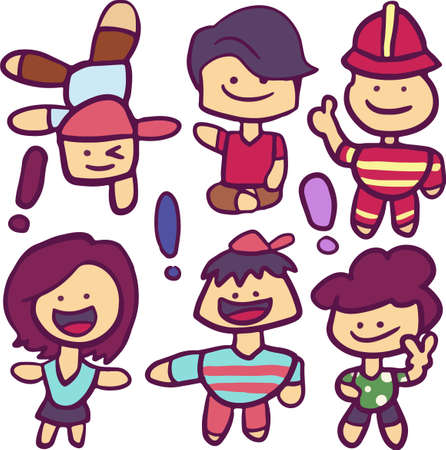 Set of little cartoon character standing, sitting and posing with smiling face. Handstand, ok sign, peace sign. Isolated flat colorful digital vector illustrationのイラスト素材
