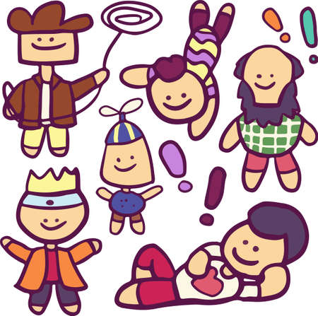 Set of colorful action character with different hair, posing, smiling and surprised. Flat childish digital vector illustration isolated on white backgroundのイラスト素材