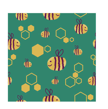 Natural seamless pattern with hand drawn bee and hexagonal honeycomb on a dark green background. Flat digital vector illustrationのイラスト素材