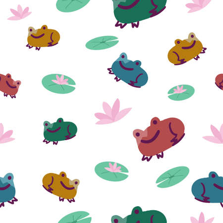 Nature seamless pattern with hand drawn colorful frog, little lilypad and pink flower on white background. Flat digital vector illustrationのイラスト素材