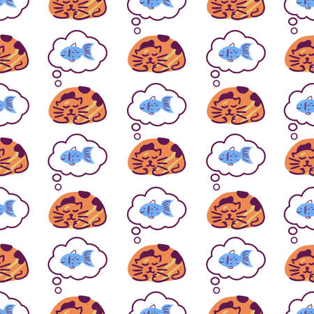 Cute seamless pattern of hand drawn sleeping cat dreaming about fish on white background. Flat digital vector illustrationのイラスト素材