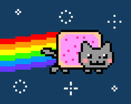 Space Cat creating rainbow among the sparkling star. Hot cat. Cat meme vector illustrationのイラスト素材