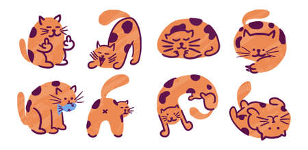 Set of naughty orange cat cartoon with different dynamic poses and expressions. Flat digital vector illustration isolated on white background.のイラスト素材