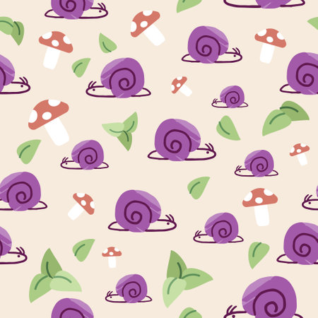 Nature seamless pattern with snail, leaves, and mushroom on light orange background. Flat digital vector illustrationのイラスト素材