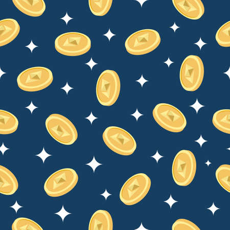 Cryptocurrency seamless pattern with ethereum coin and sparkle on dark blue background. Flat digital vector illustrationのイラスト素材