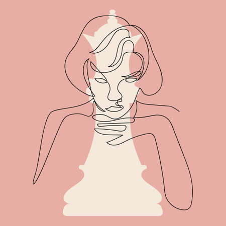 Woman face with continuous simple one line drawing and silhouette of chess piece on pink background. Vector line art illustration posterのイラスト素材