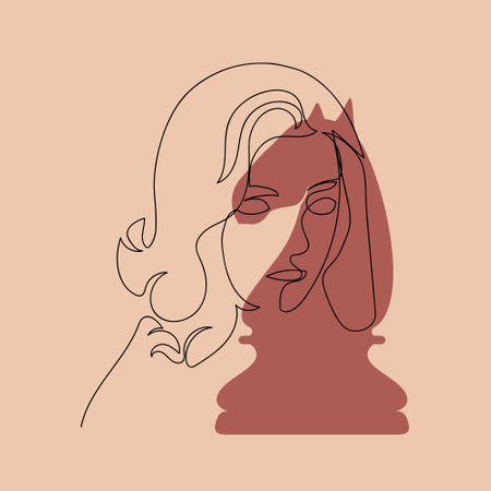Woman face with continuous minimalist one line drawing and knight chess silhouette. Vector line art illustration posterのイラスト素材