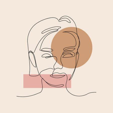 Woman face with continuous minimalist one line drawing and simple earthly color shape. Vector line art illustration posterのイラスト素材