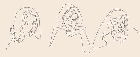 Set of woman face with continuous minimalist one line drawing isolated on light orange background. Vector line art illustration posterのイラスト素材