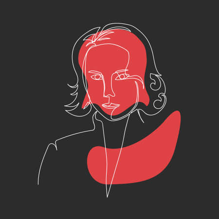 One line drawing of woman portrait with white line and red silhouette isolated on black background. Vector line art illustration posterのイラスト素材