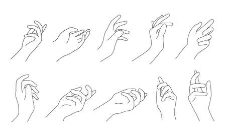 Set of hand gestures from different angle. Black line art drawing isolated on white background. Flat vector illustrationのイラスト素材