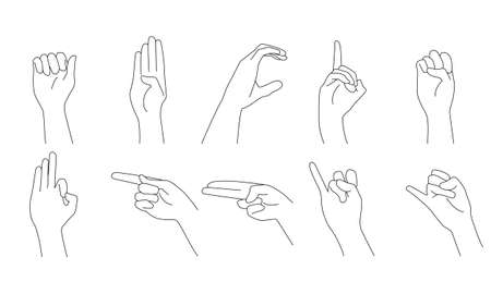 Set of multiple hand gestures in vector line art isolated on white backgroundのイラスト素材