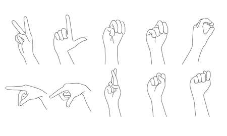 Set of minimalist hand gestures in vector line art isolated on white backgroundのイラスト素材