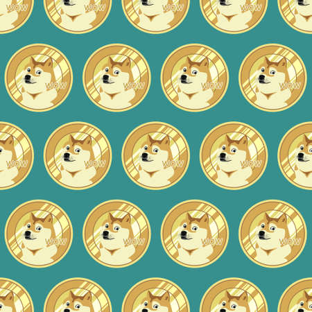Dogecoin seamless pattern with green background. Flat digital vector illustrationのイラスト素材