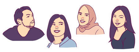 Set of young teenage people portrait with different faces and gender. Man and woman illustration. Colored flat vector illustration isolated on white backgroundのイラスト素材