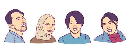 Set of smiling teen young people portrait with different faces and religion. Man and woman. Colored flat vector illustration isolated on white backgroundのイラスト素材
