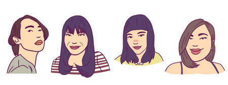 Set of young people portrait with different faces. Man and woman, teenager illustration. Colored flat vector illustration isolated on white backgroundのイラスト素材